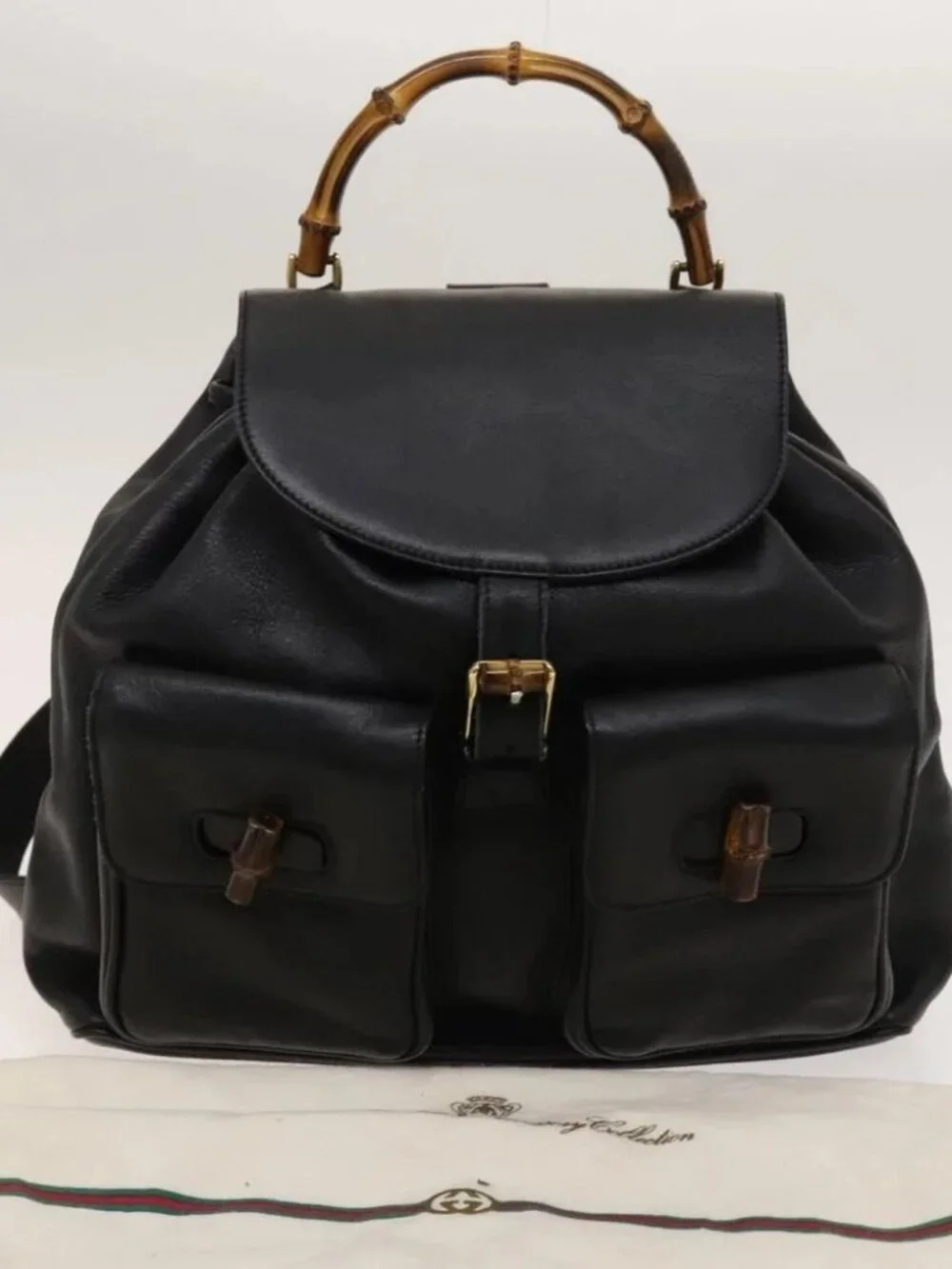 GUCCI Bamboo Backpack Leather Black Gold - Picture 16 of 16